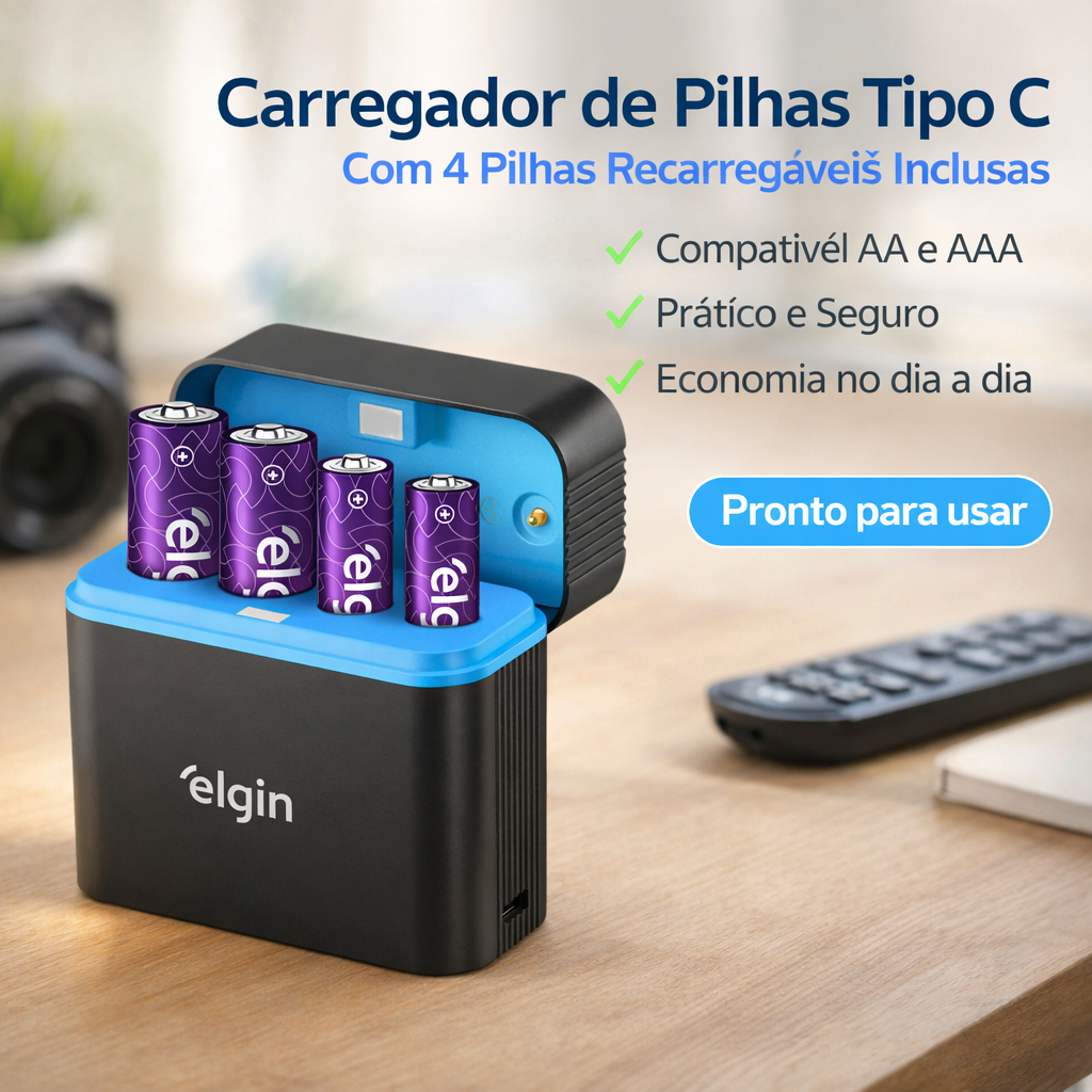 Carregador de Pilha tipo Box Elgin com 2 pilhas regarregáveis AA + 2 pilhas regarregáveis ...