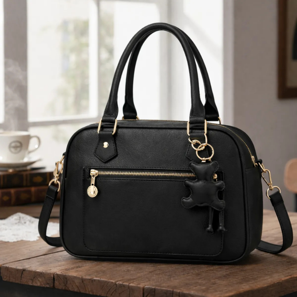 Bolsa Com Alça Lateral Transversal Feminina De Mão Tamanho Média Baú Promoção Preta Com Chaveiro