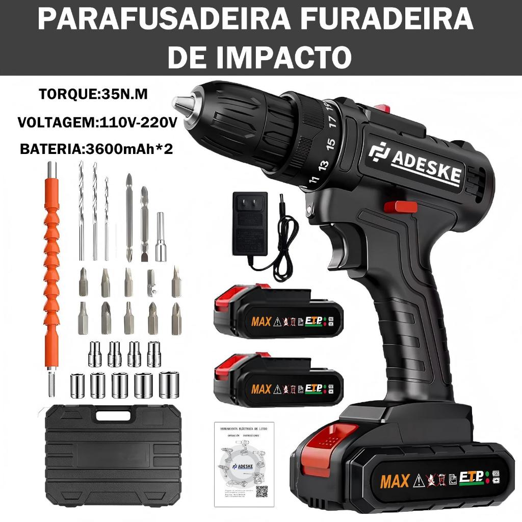 Parafusadeira Furadeira de Impacto Sem Fio Profissional com 2 Baterias e Maleta Bivolt 110v/220v