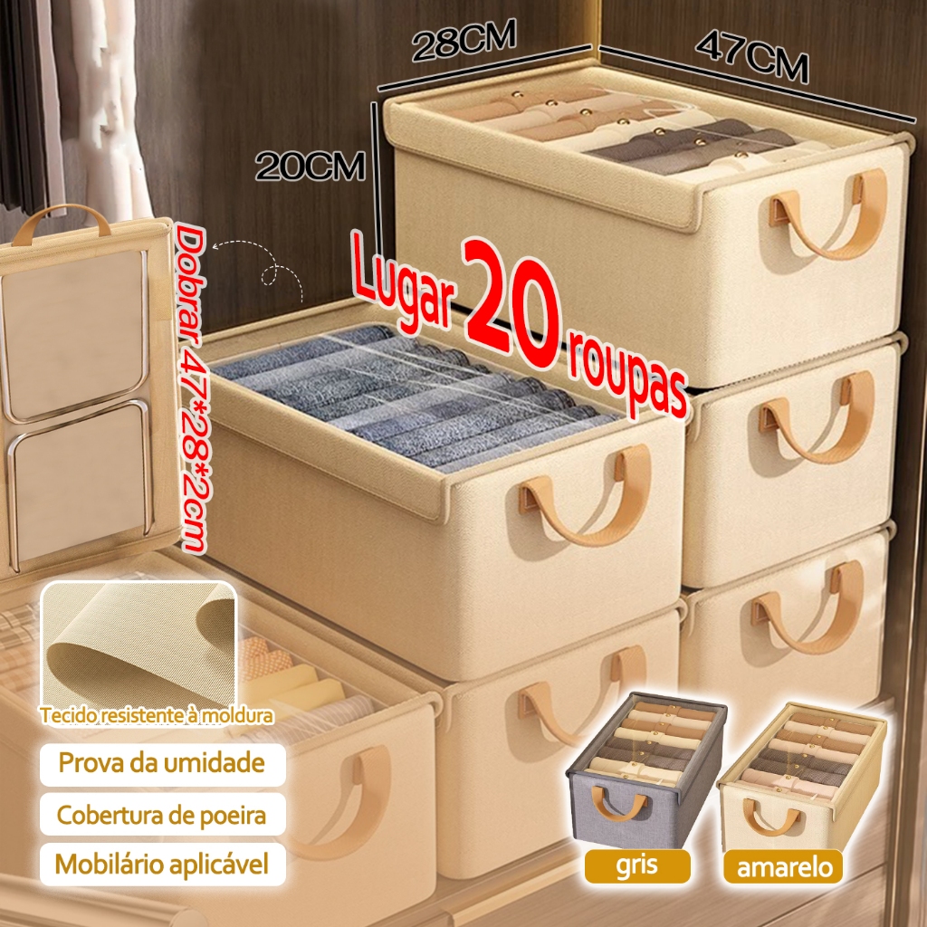 Caixa Organizadora para Guarda-Roupa com Tampa | Dobrável, Suporte Reforçado, Cinza e Bege 47x28x20cm em Oferta na Shopee