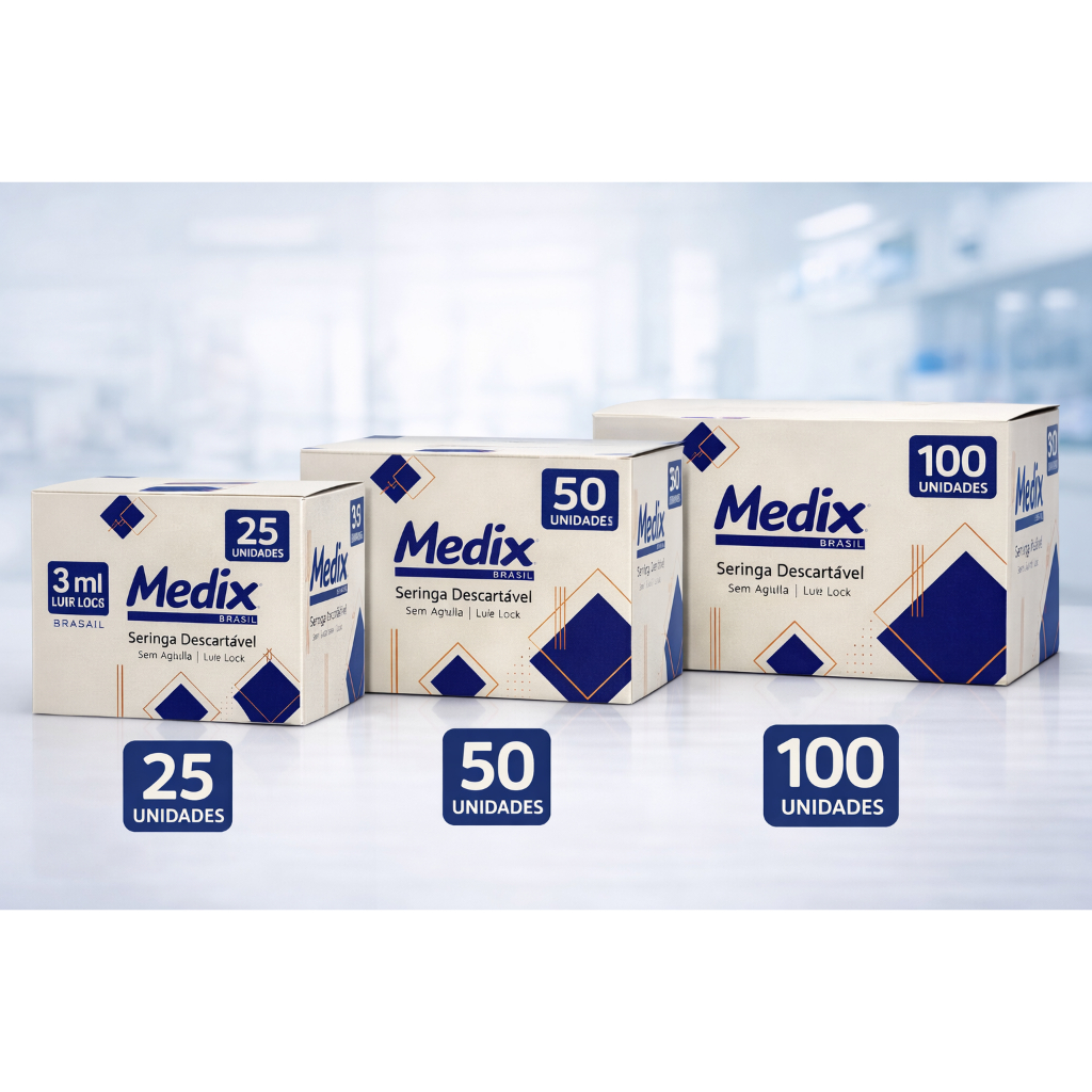 Seringa 3ml Luer Lock Medix sem agulha, alta precisão, kits com 25, 50 e 100 unidades
