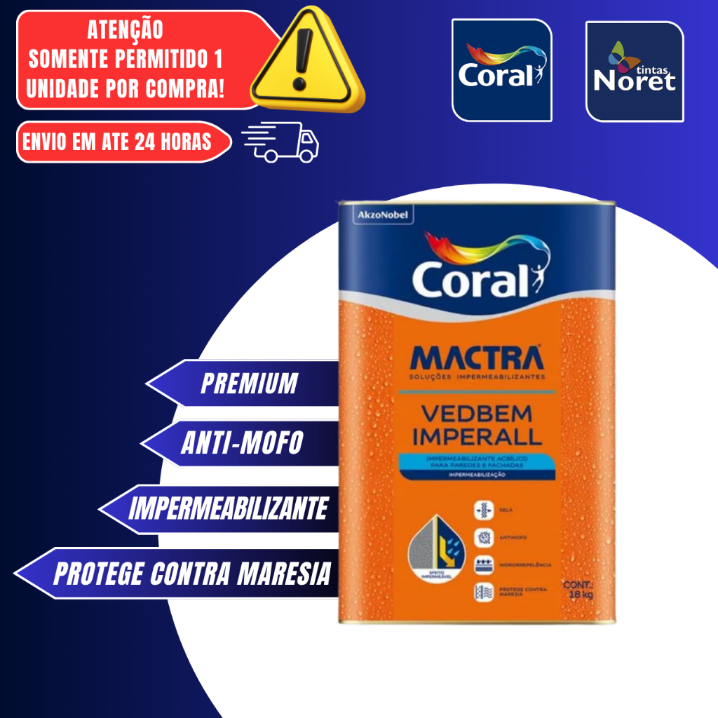 TINTA IMPERMEABILIZANTE, PELÍCULA FLEXÍVEL , EMBORRACHADA CORES – CORAL IMPERALL PREMIUM 10 EM 1 18kg