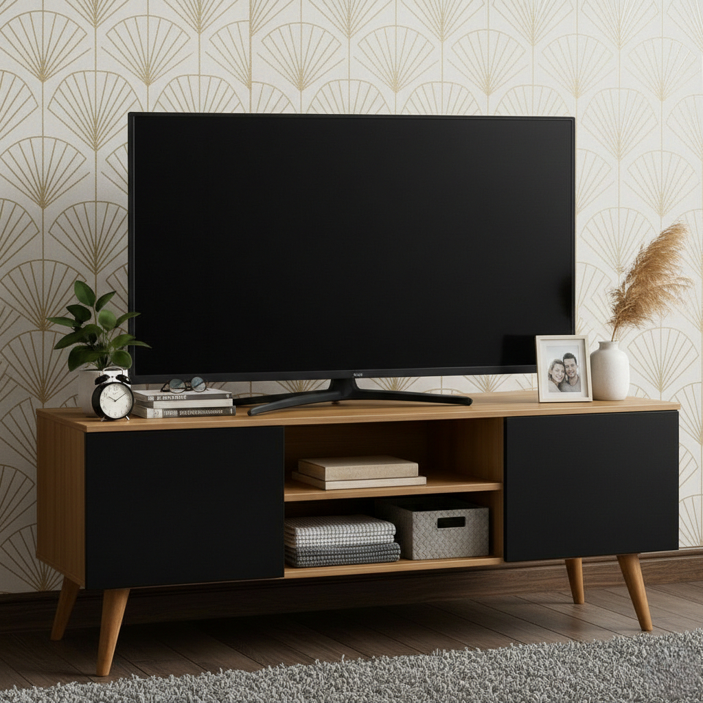 Rack Estilo Retrô com Pés Palito, Nicho Multiuso e 2 Portas Retrô - Ideal para TV até 50 Polegadas