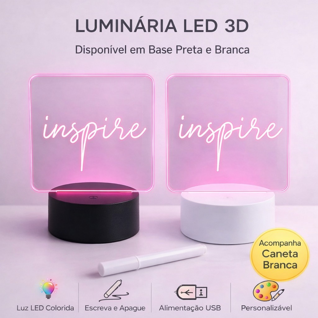 Luminaria LED 3D Acrilica Lousa Escrita Caneta Abajur Decorativo Anotacoes Mesa Luz Quarto em Oferta na Shopee