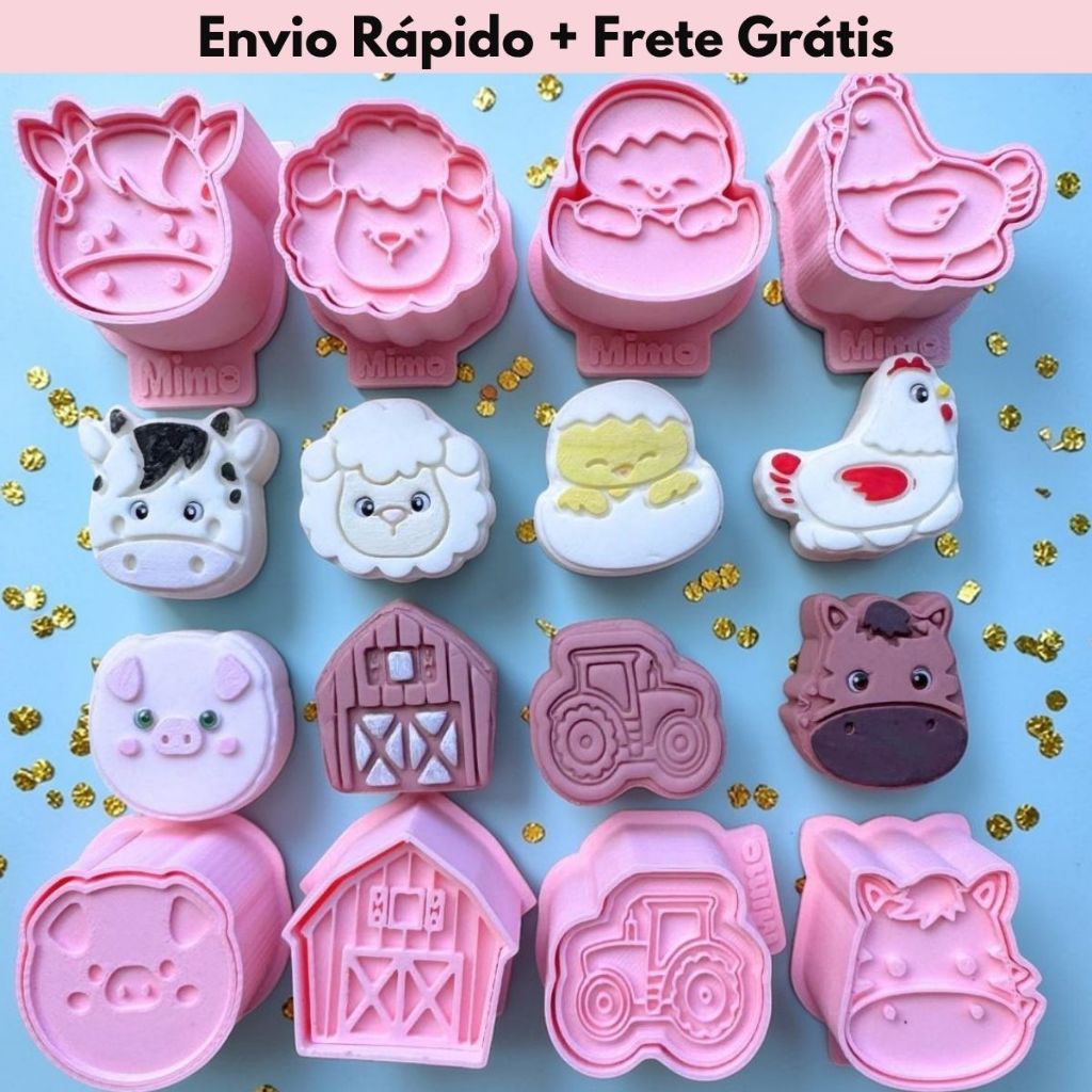 Kit 8 Modeladores Ejetores Fazendinha para Brigadeiros, Doce, Docinhos, Massas e Biscoito - 16 Peças