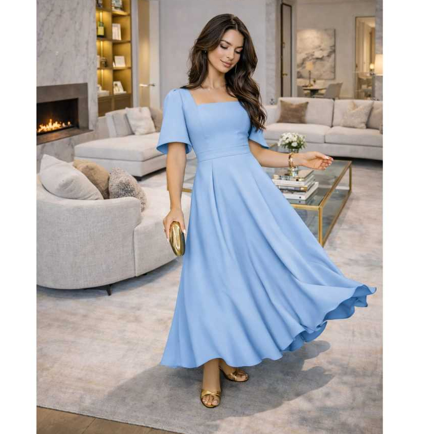 Vestido Evangélica Longo  Elegante Com  Manga Duna