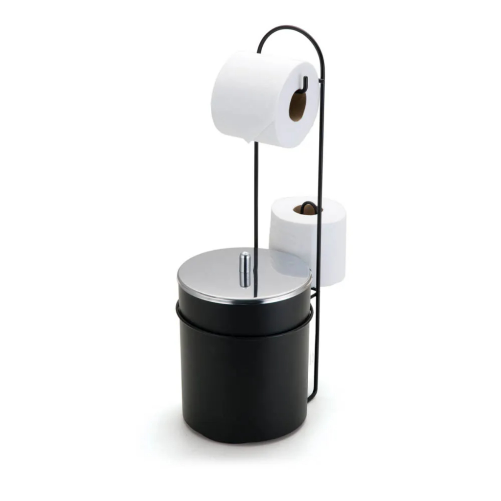 Suporte Papeleira Porta Papel Higiênico De Chão E Lixeira Embutida Preto 5 Litros Arthi Lavabo Luxo