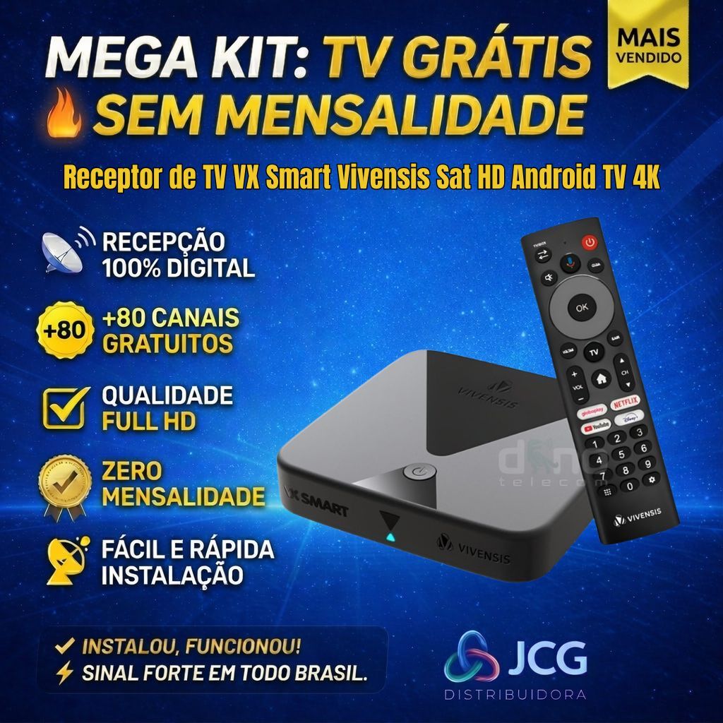 Receptor de TV VX Smart Vivensis Sat HD Android TV 4K Wi-Fi Dual HDMI Bluetooth Controle Antena KU