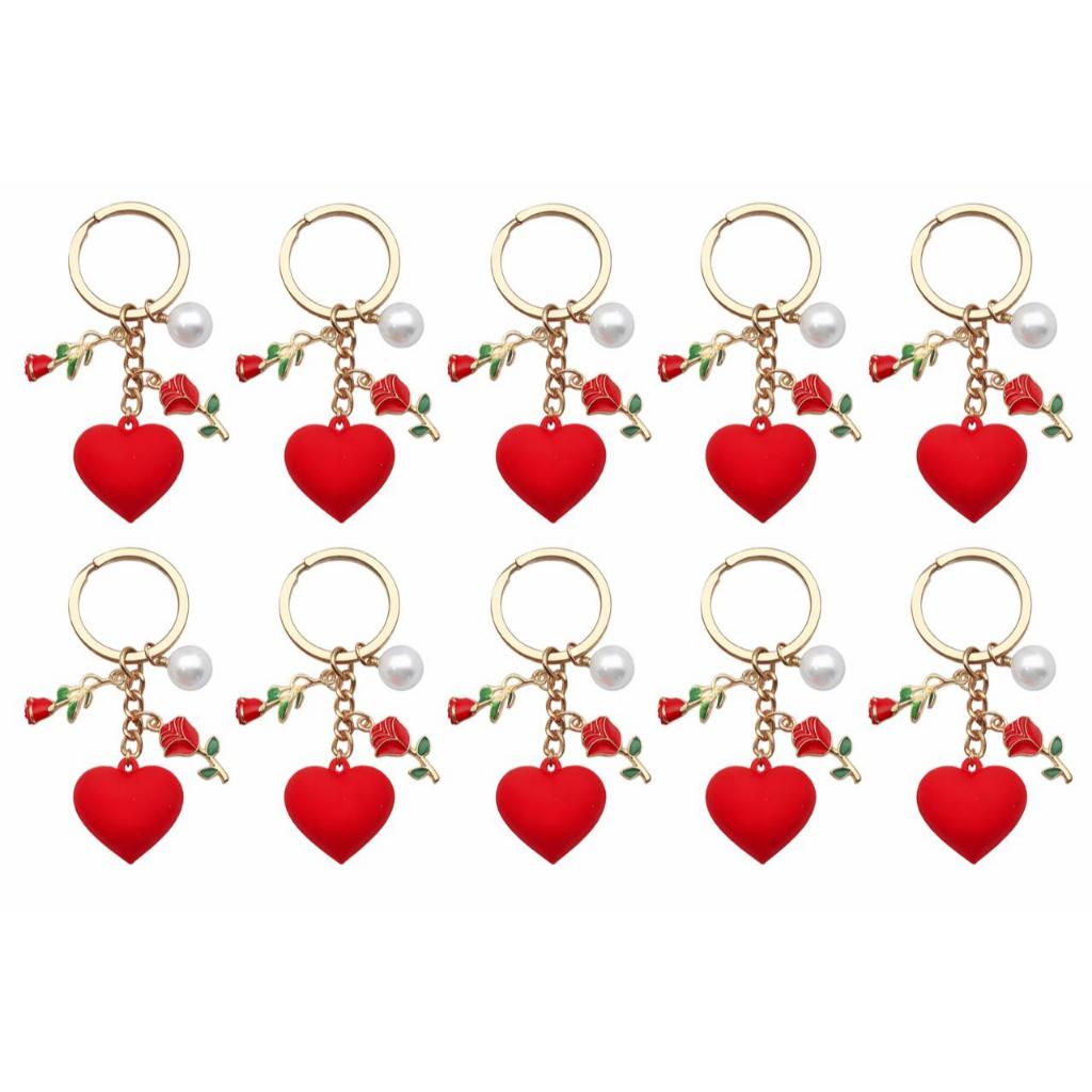 Kit 10 Chaveiros de Coração Com Rosas E Pérolas