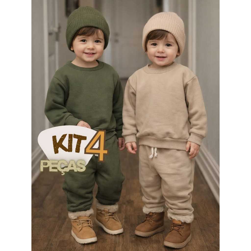 Kit 4 peças de Moletom Flanelado Bebê  Inverno Infantil Menino Menina 1 a 4 Anos
