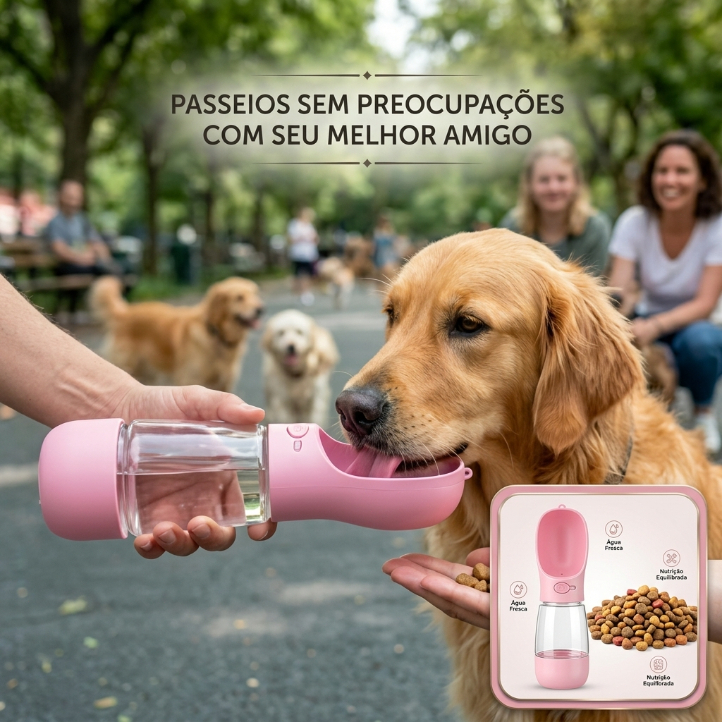 Garrafa 2 em 1 para Pets 490ml – Água e Ração no Mesmo Dispensador, Portátil e Ideal para Passeios