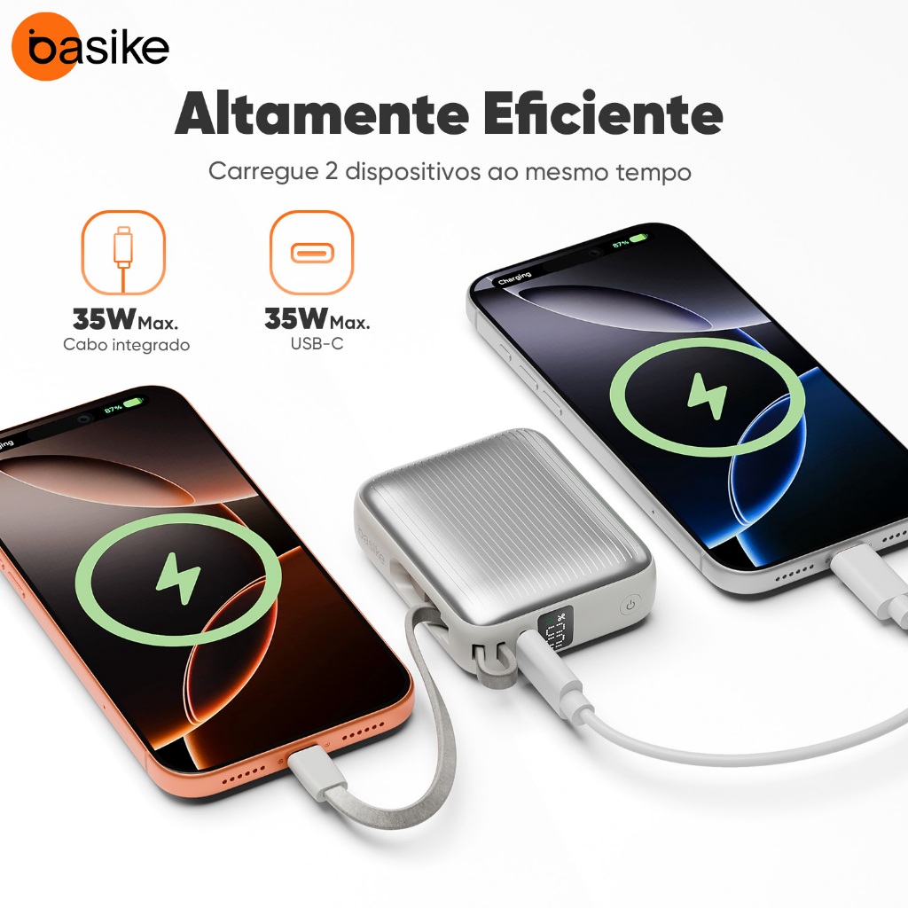 Power Bank Basike B202 10000mAh 35W Carregamento Rápido Display Digital 2 Saídas com Cabo Tipo C Embutido