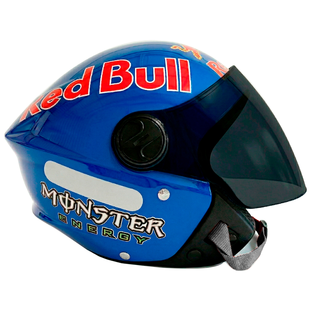 Capacete Aberto Moto Liberty New Three Personalizado Monster Red Bull Vr Com Viseira Fumê