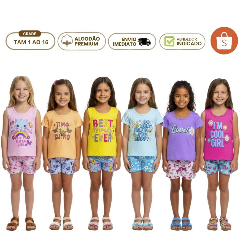 Lote 20 Peças Roupa Menina Cotton 10 Camiseta Verão 10 Short Conjunto Feminino Infantil Oportunidade
