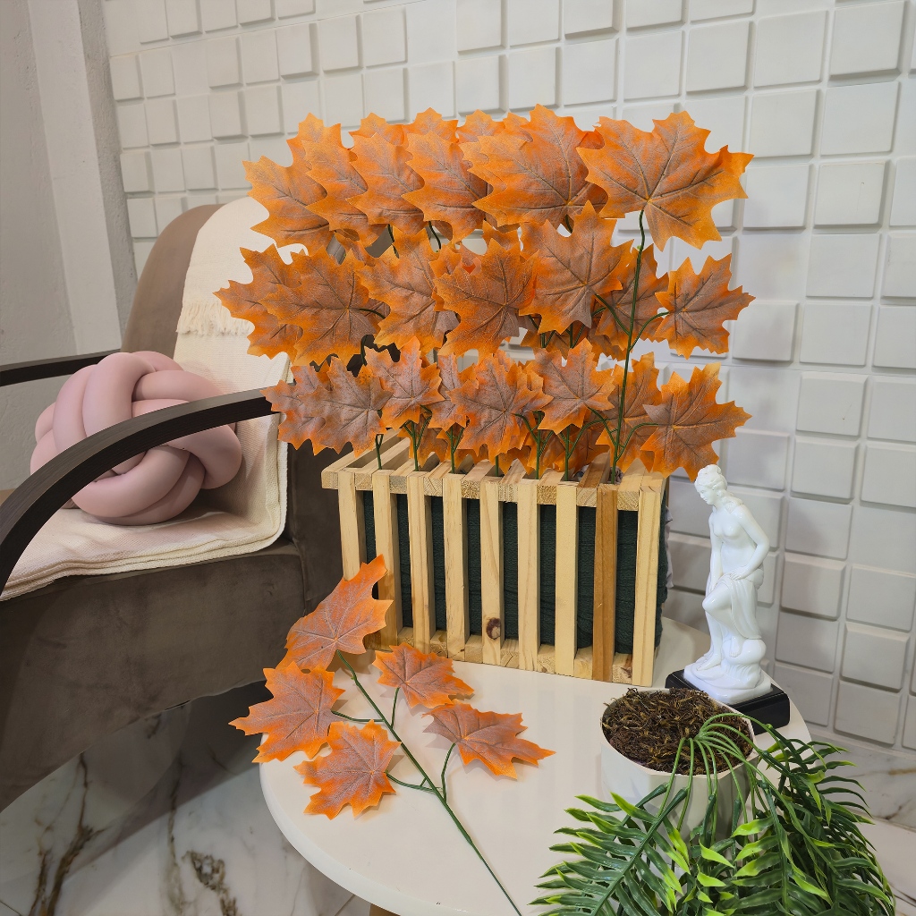 Kit Folhas Planta Platano Artificial Canada Canadense Laranja DIY