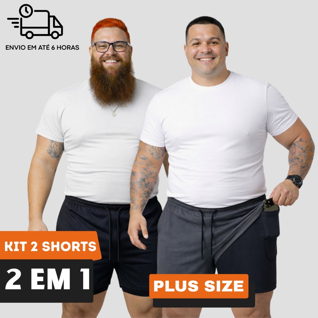 KIT 2 Shorts 2 em 1 Bermuda Masculina PLUS SIZE Com Compressão Interna Treino Academia