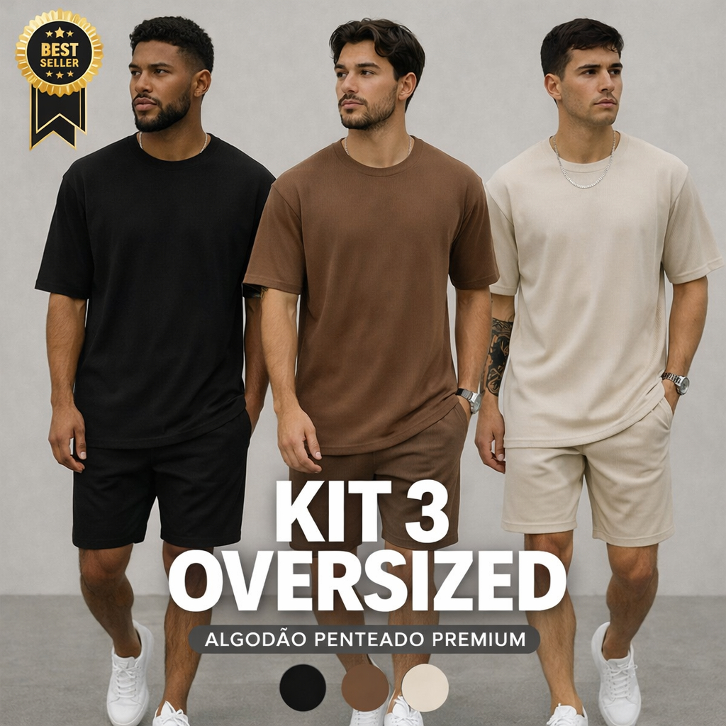 Kit 3 Camiseta Masculina Oversized Lisa Algodão Penteado Camisa Básica Streetwear