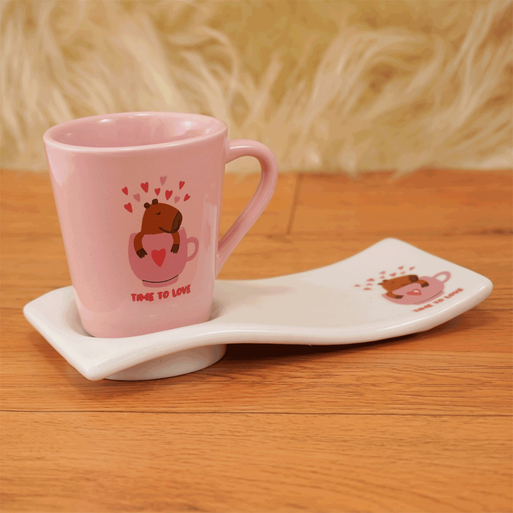 Kit Xícara Caneca Porcelana 120ml Café/Chá +  Pires Ondulado Capivara Divertida