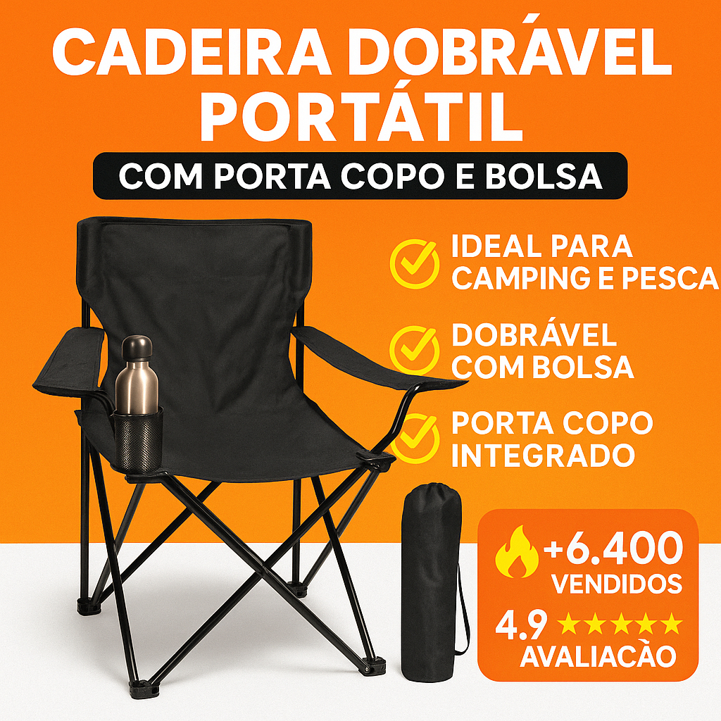 Cadeira Dobrável Portátil Camping Pesca Apoio de Braço + Porta Copo + Bolsa Transporte em Oferta na Shopee