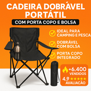 Cadeira Dobrável Portátil Camping Pesca Apoio de Braço + Porta Copo + Bolsa Transporte em Oferta na Shopee
