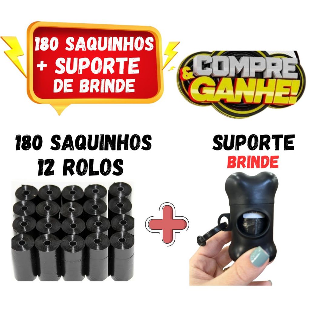 Saquinho Pet 180 Unidades 12 Rolos + Suporte Porta Saquinhos de brinde Kit Completo