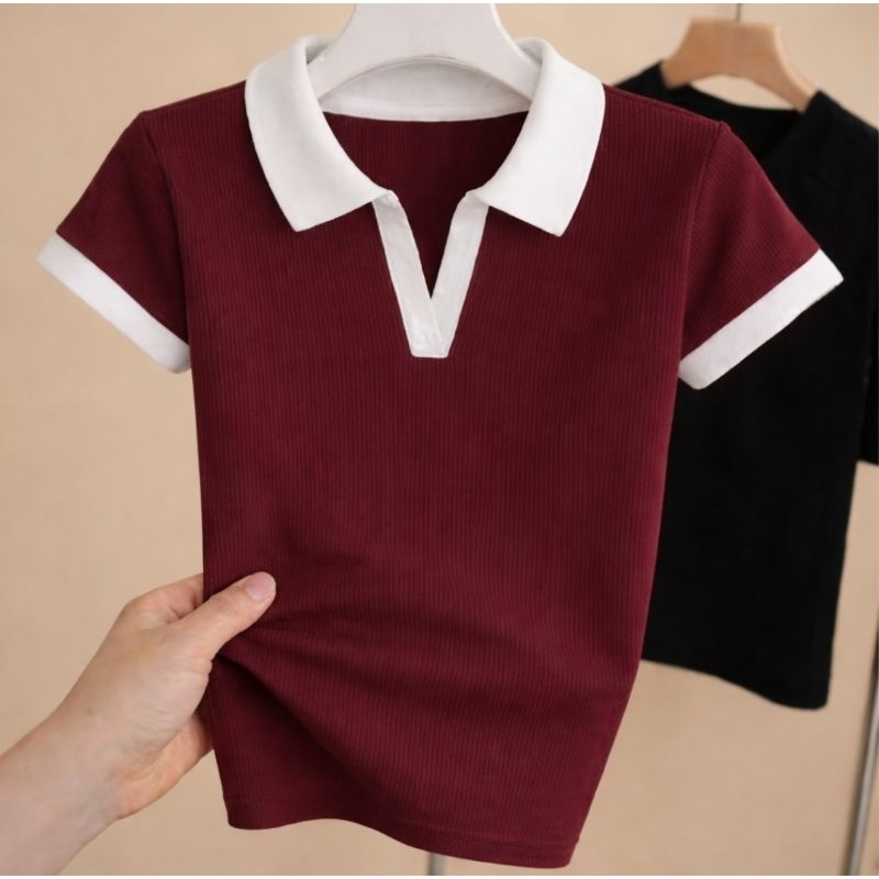 Blusa Polo Feminina Canelada Manga Curta Gola Contrastante Bicolor Casual Elegante Confortável Moda Feminina