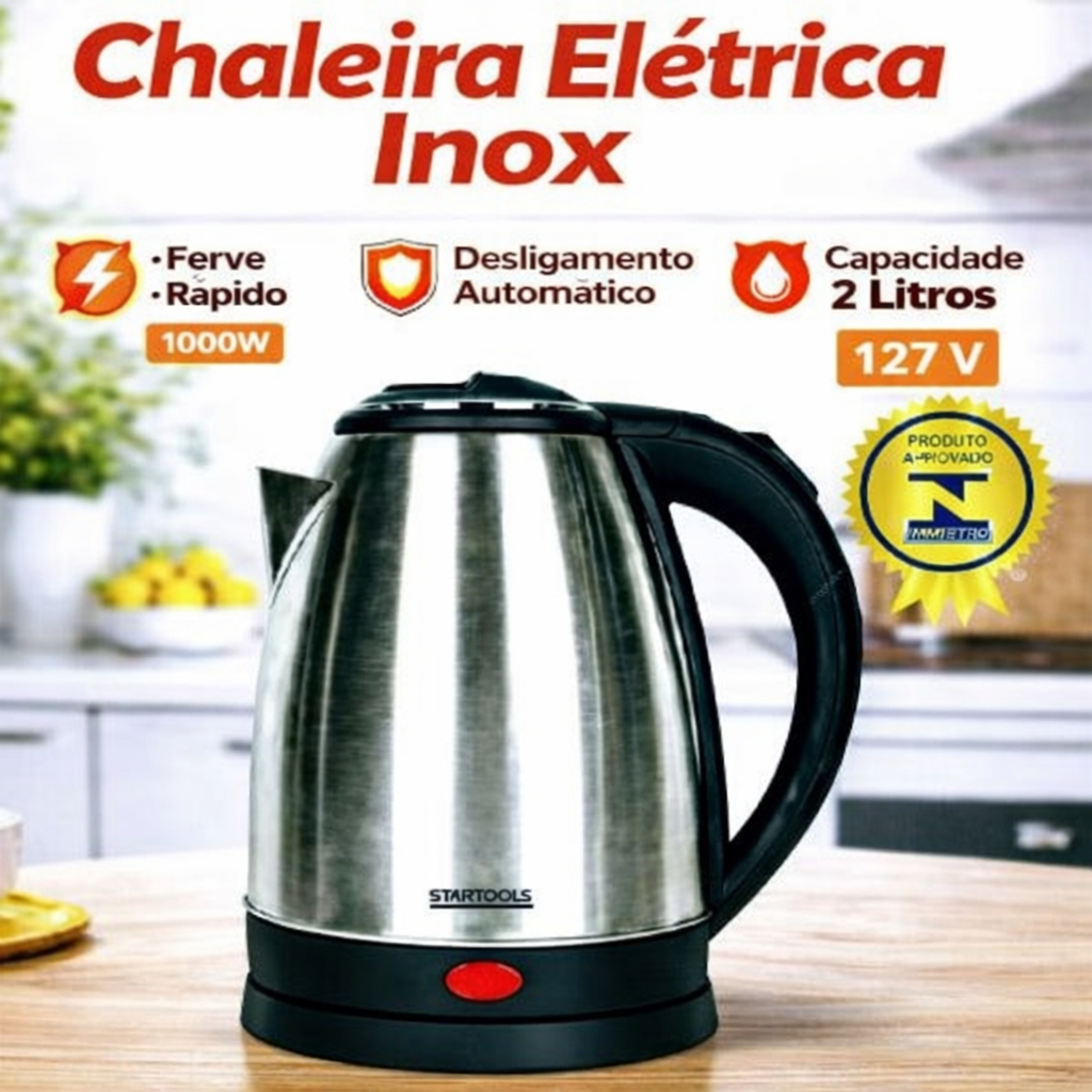 Chaleira elétrica 2 litros inox 127v potente 1000W aquecimento rápido Desligamento Automático
