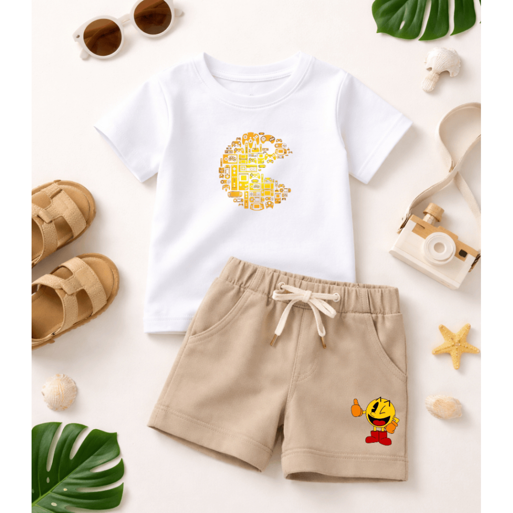 Conjunto Infantil Pac-Man Para Meninos Estiloso de Verão - Camiseta Manga Curta e Bermuda de Moletom Alta Qualidade