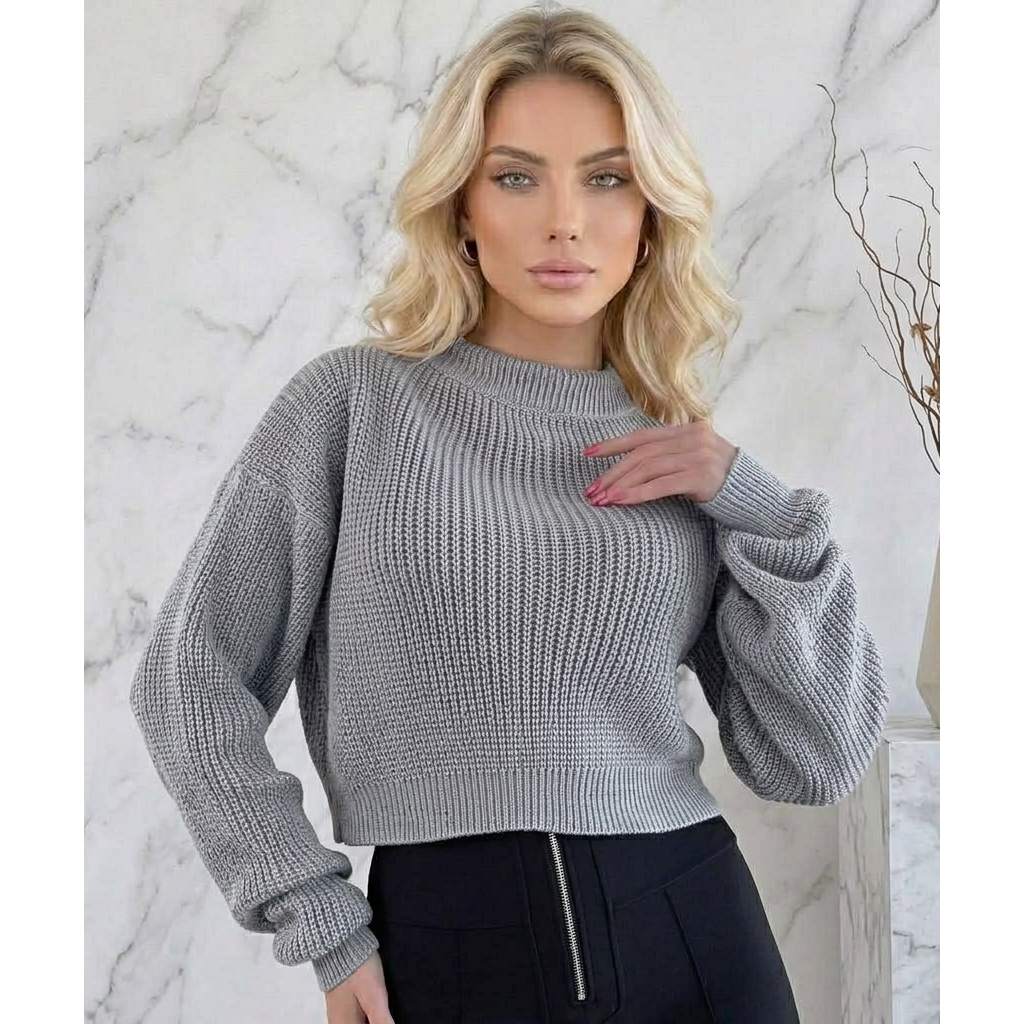 Blusa Cropped Tricô Fang Manga Longa Estilosa Inverno Caimento Comforto Perfeito Feminino