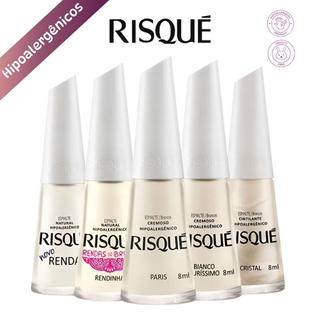 Esmalte Risque  Francesinha Tons Claros Branco Kit com 5 cores Atacado Manicure Pedicure Renda
