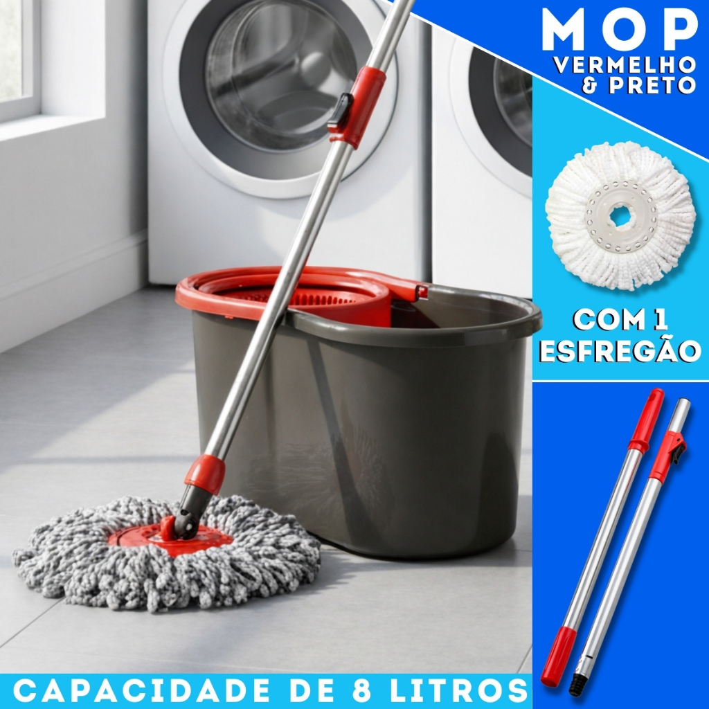 Mop Com Centrifuga Inox e Cabo em Inox Com Refil De Microfibra 9 Litros Mopi