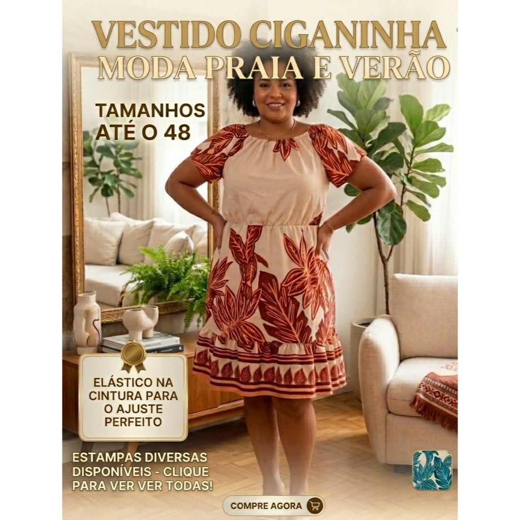 Vestido Ciganinha Plus Size Feminino Soltinho Com Elástico Na Cintura Moda Verão Estampado Veste Até 48 Fresquinho