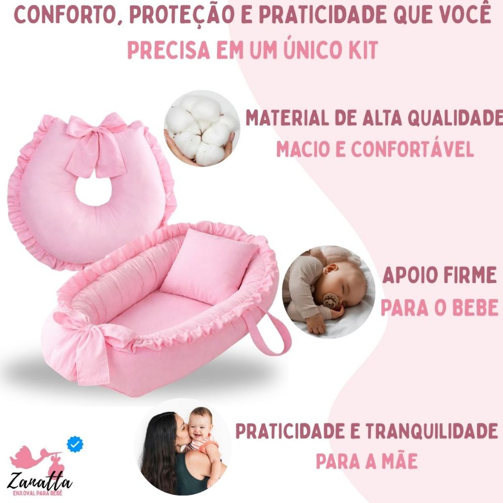 Ninho Redutor Berço Bebê com Almofada Amamentação 2 Peças Enxoval Completo Menina Menino Rosa Azul