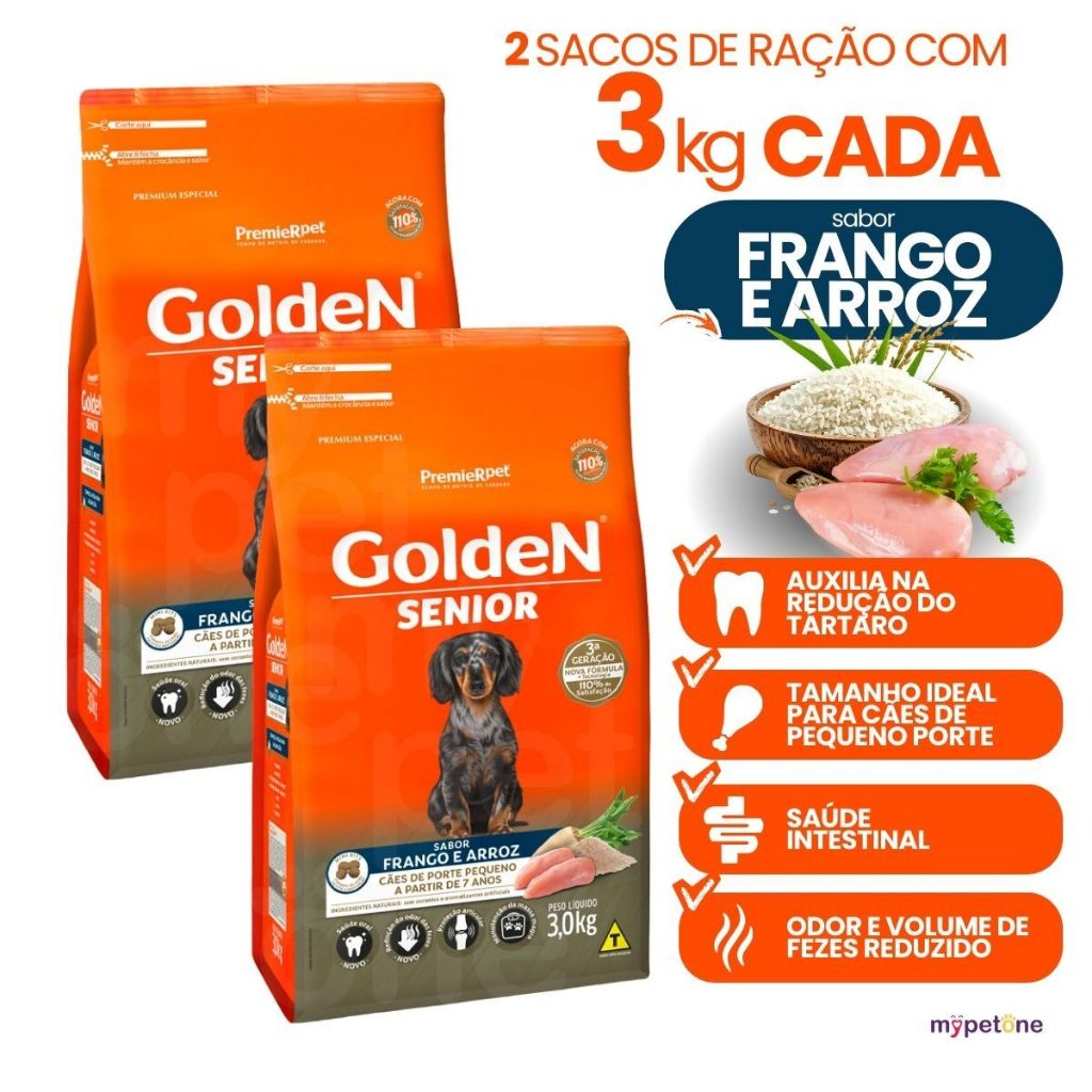 Kit com 2 Ração Golden Fórmula Cães Adultos Sênior Sabor Frango e Arroz 3kg