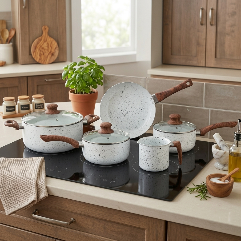 Conjunto kit 5 Panelas Antiaderente Cerâmica Indução, Multiuso, Leiteira e Caçarola com Tampa, Durável e Fácil de Limpar