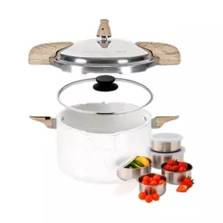 Panela de Pressão 2 em 1 Indução 5,4 Lts Brinox Ceramic Life Vanilla com Jogo de Potes de Inox 5 Peças