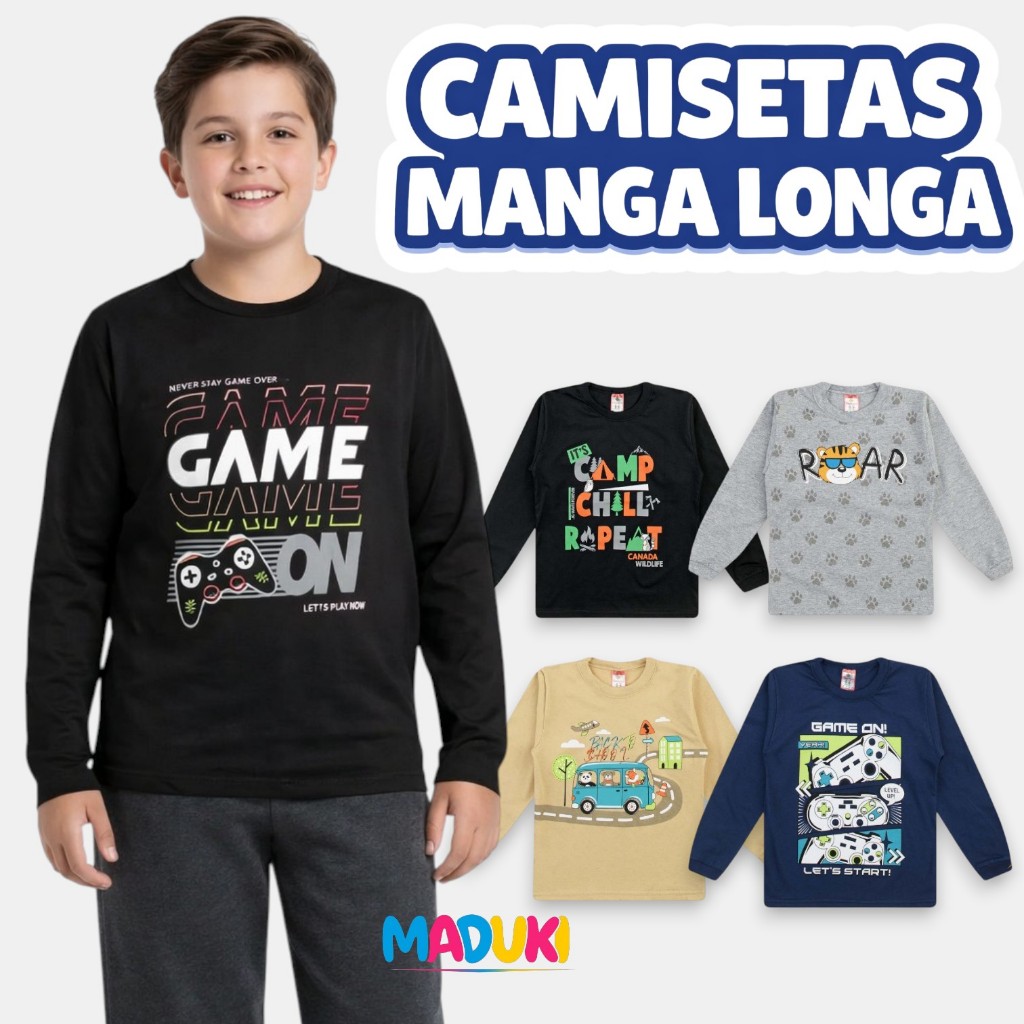 Kit 3 Camisetas Manga Longa Masculino Infantil Juvenil Menino 1 a 16 Malha