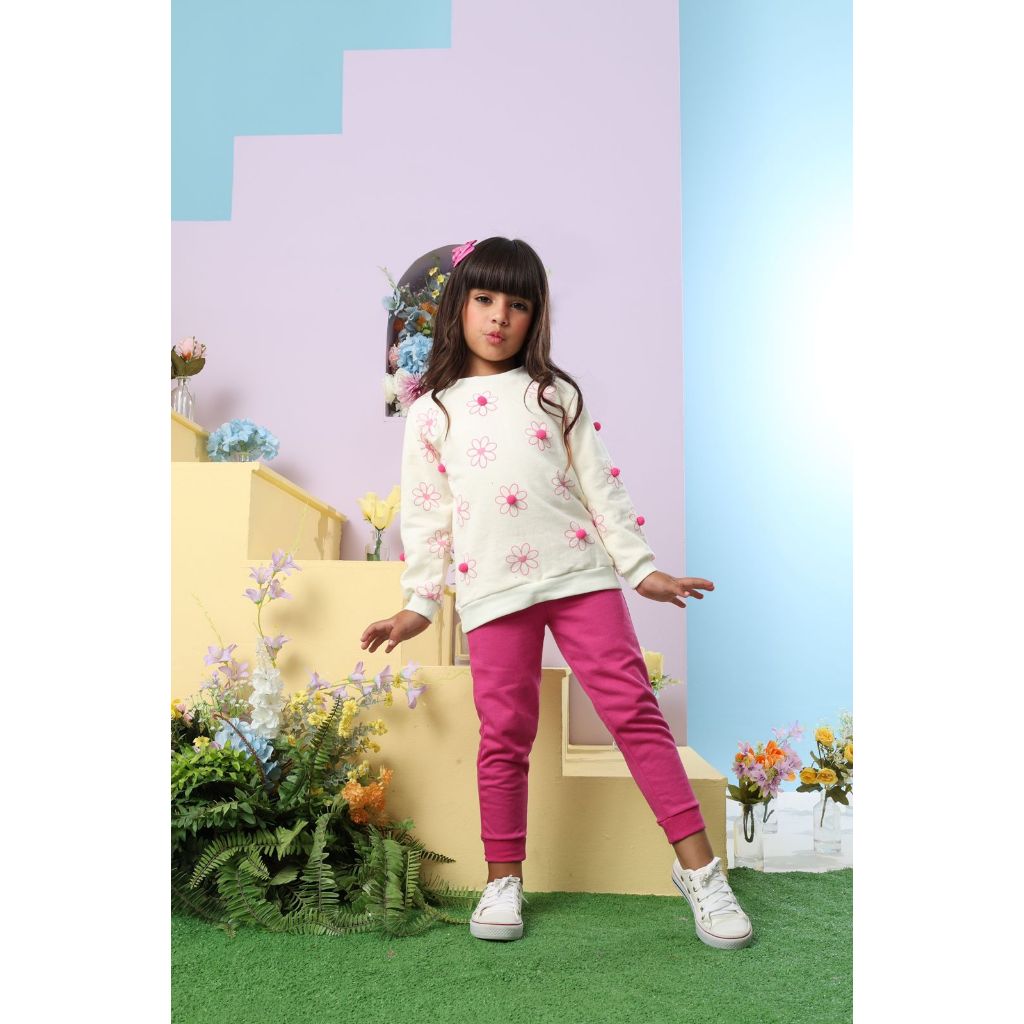 Conjunto De Moletom Infantil Para Menina Inverno Flanelado Com Bordado De Flor Quentinho