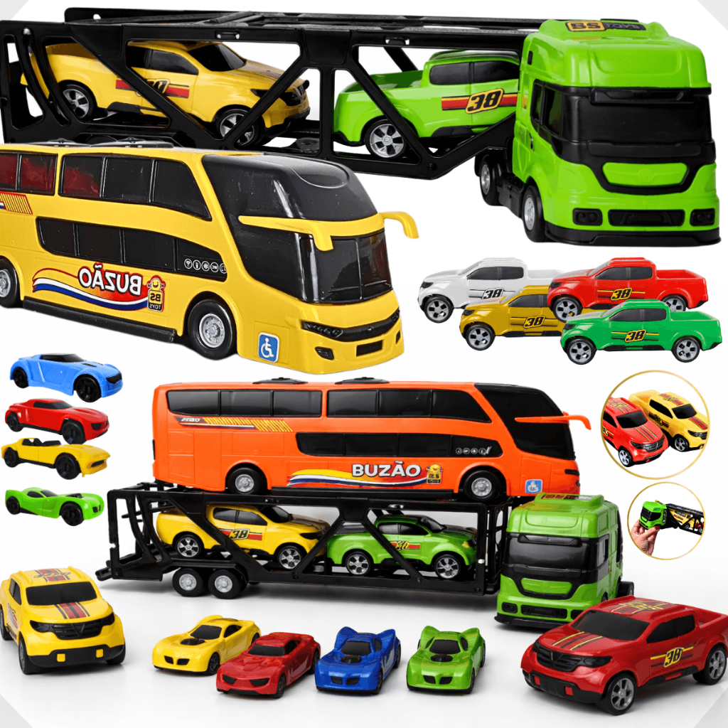 Kit Carrinho Brinquedo Caminhão 8 Pçs Cegonha Completo Ônibus Miniatura Presente Menino