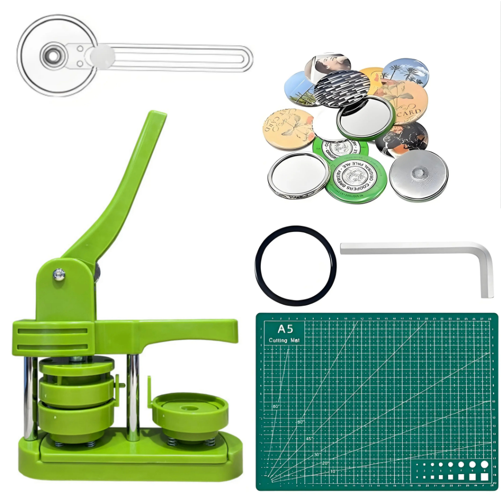 Conjunto Máquina de Crachás Giratória Verde De Button, Botão, Broche, Crachá 32/44/58mm