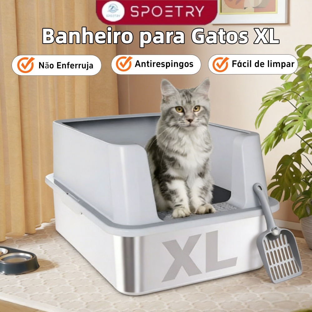 Banheiro para Gatos Aço Inox Fechado Grande Antiderrapante Não Enferruja + Pá