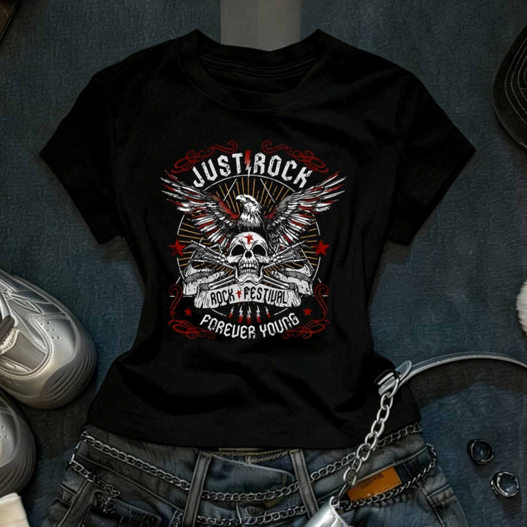 Camiseta Blusa Tshirt Feminina Just Rock Caveira Forever Aguia Red Y2k Black Verão Moda Envio Rapido
