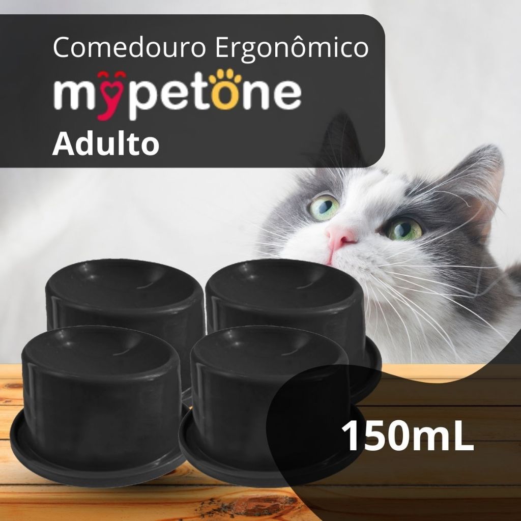 4 Comedouro Cão e Gato Ergonômico Alto 150ml Mypetone Preto Adulto/Filhotes