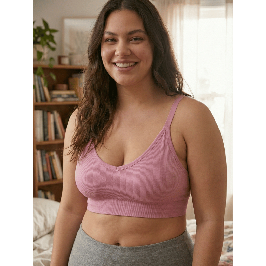 Sutiã Top Canelado Decote em V Sem Costura ótima Sustentação com Bojo Removível