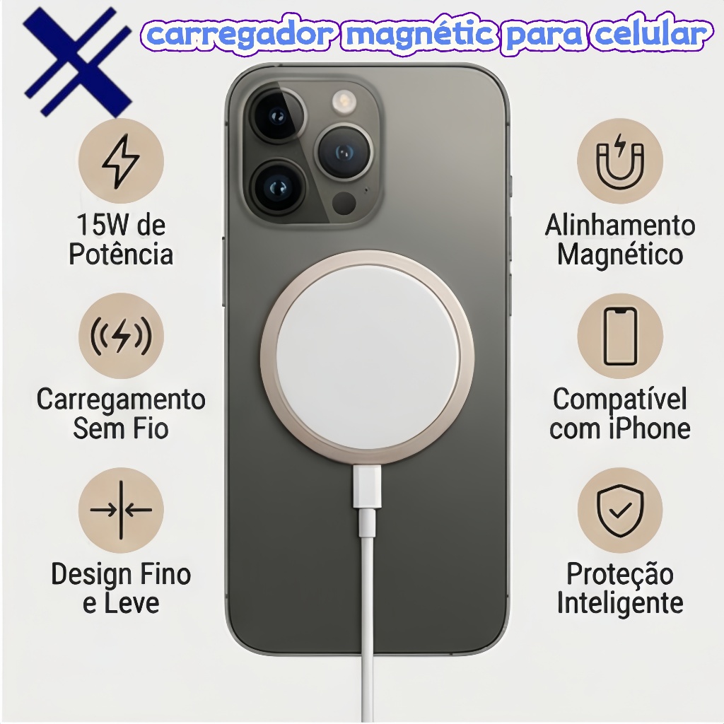 Carregador Magnético Sem Fio 15W Carregamento Rápido Tipo C Compatível Com Smartphones