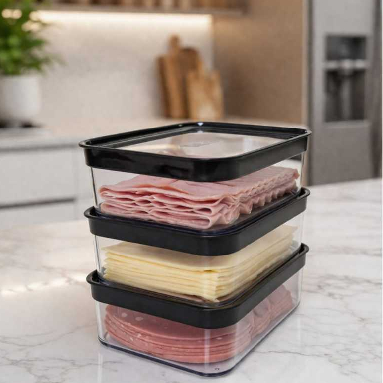 3 Porta Frios Hermético Acrílico 1100ml Pote Mantimentos Empilhavel para Presunto Queijo Mortadela