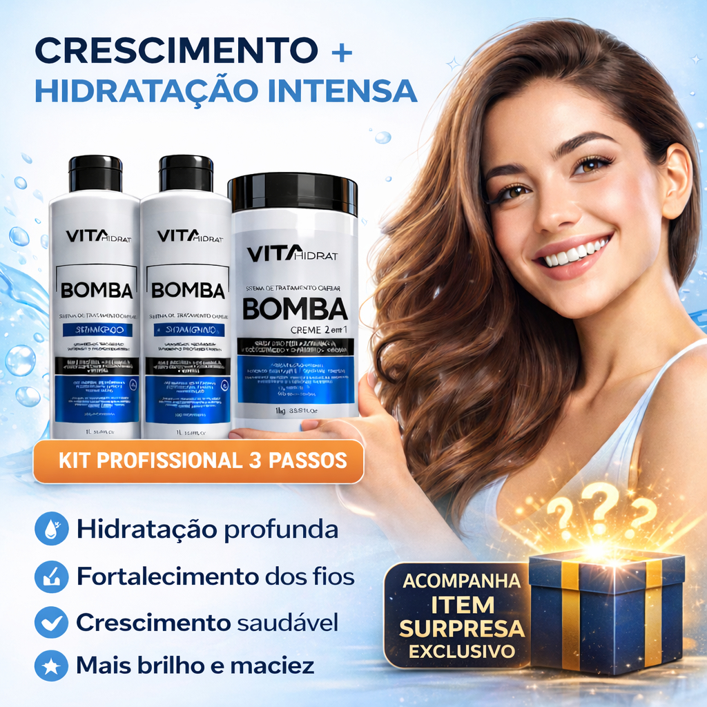 Kit Tratamento Capilar Bomba Vita Hidrat 3x1L Shampoo Condicionador Máscara Crescimento e Hidratação