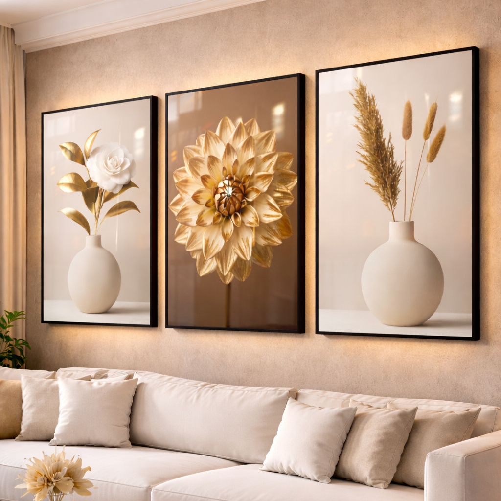 Quadro Decorativos Trio Moderno Exclusivo Flores Rosa Branco Dourado para Sala Hall