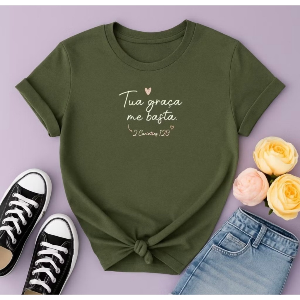 Camiseta Feminina Tua Graça Me Basta Estampada | T-Shirt Cristã Evangélica 100% Algodão Premium Delicada Confortável