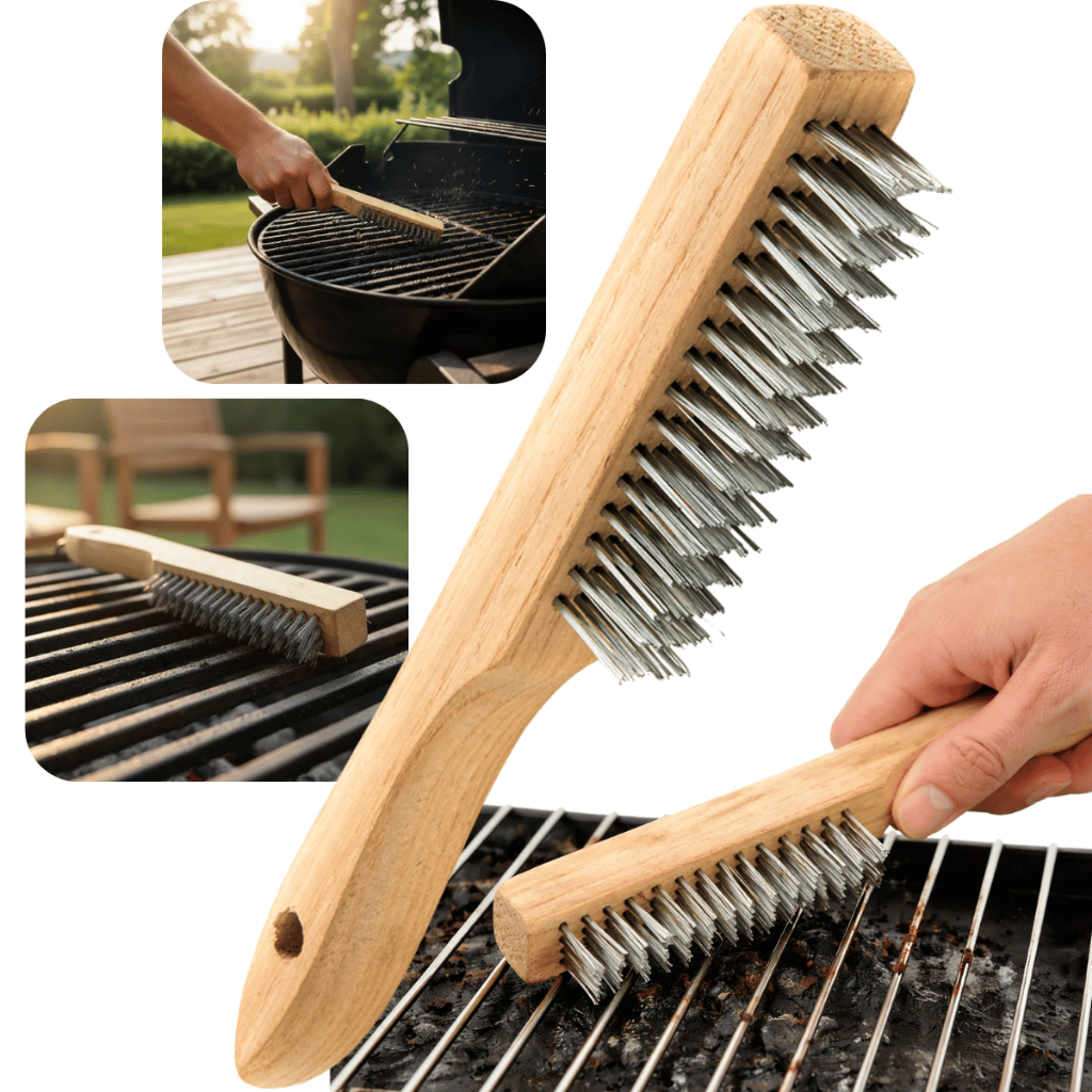 Escova Limpeza Churrasqueira 27cm Aço Cerdas Rígidas Cabo Madeira Grelha Churrasco Grill Durável